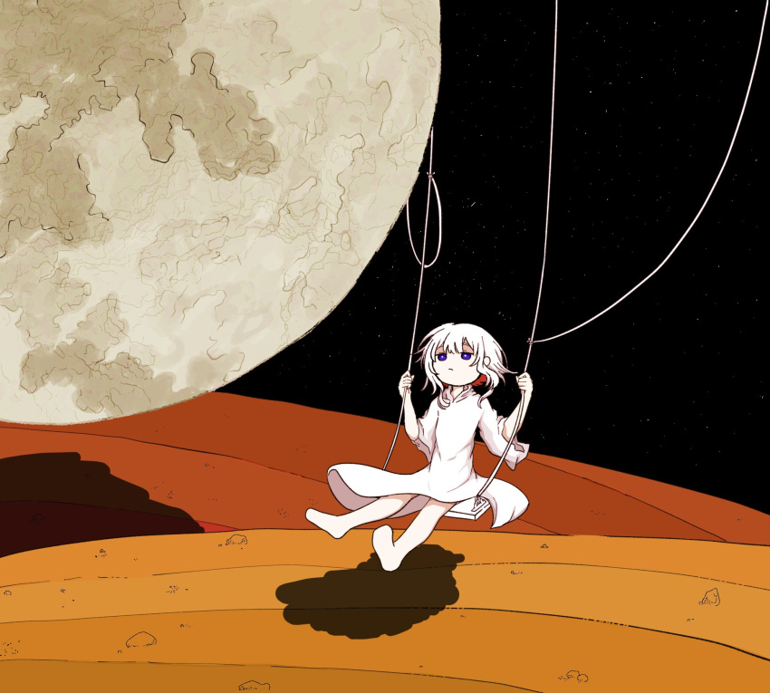 1girl ashi_izumo barefoot bright_pupils closed_mouth commentary dress expressionless full_moon hands_up highres moon night night_sky original outdoors shadow short_hair sitting sky solo swing swinging violet_eyes white_dress white_pupils wide_shot