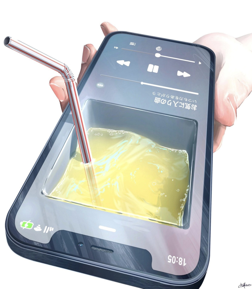 cellphone commentary_request drinking_straw fingernails highres holding holding_phone original out_of_frame phone signature simple_background smartphone translation_request utsusemi_rari white_background