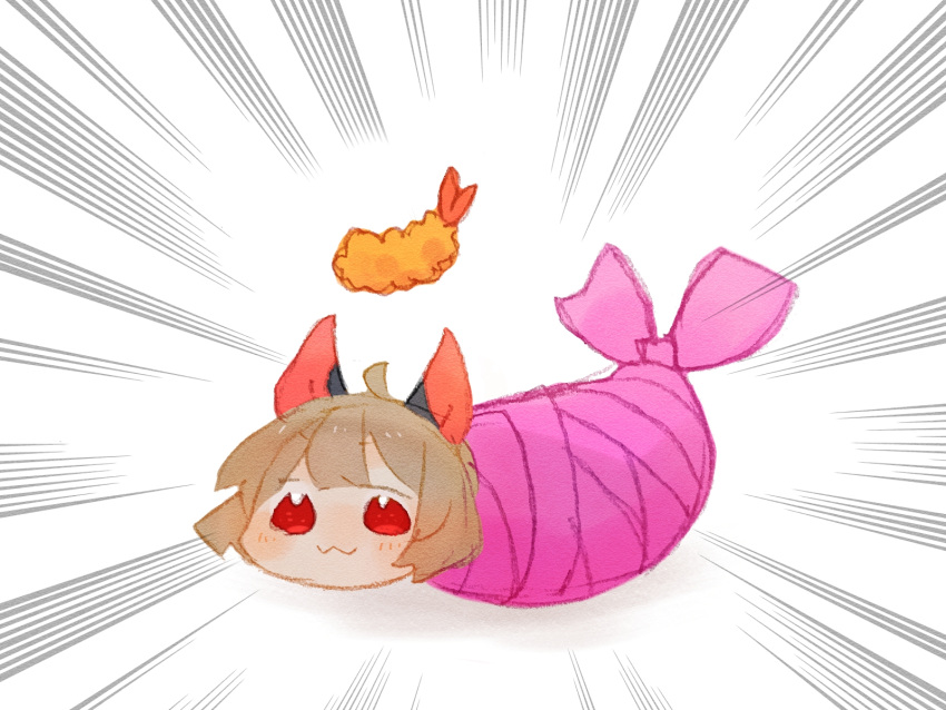 1girl :3 ahoge animal_ears bound closed_mouth commentary_request dog_ears food harvest_fes highres librarian_(library_of_ruina) library_of_ruina light_brown_hair looking_at_viewer no_nose pink_ribbon project_moon red_eyes ribbon shrimp shrimp_tempura simple_background sketch solo tempura tied_up_(nonsexual) white_background