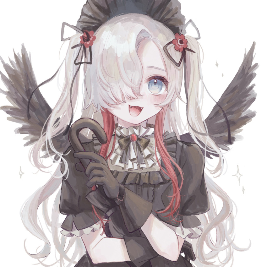 1girl :d black_dress black_gloves black_headdress black_wings blue_eyes closed_umbrella curly_hair dress fangs feathered_wings frilled_shirt_collar frills gloves gothic_lolita gradient_eyes hair_over_one_eye headdress highres holding holding_umbrella isekai_joucho juliet_sleeves kamitsubaki_studio lolita_fashion long_hair long_sleeves looking_at_viewer multicolored_eyes multicolored_hair puffy_sleeves redhead ria_(rian_0210) sidelocks simple_background smile solo streaked_hair two_side_up umbrella white_background white_hair wings yellow_eyes