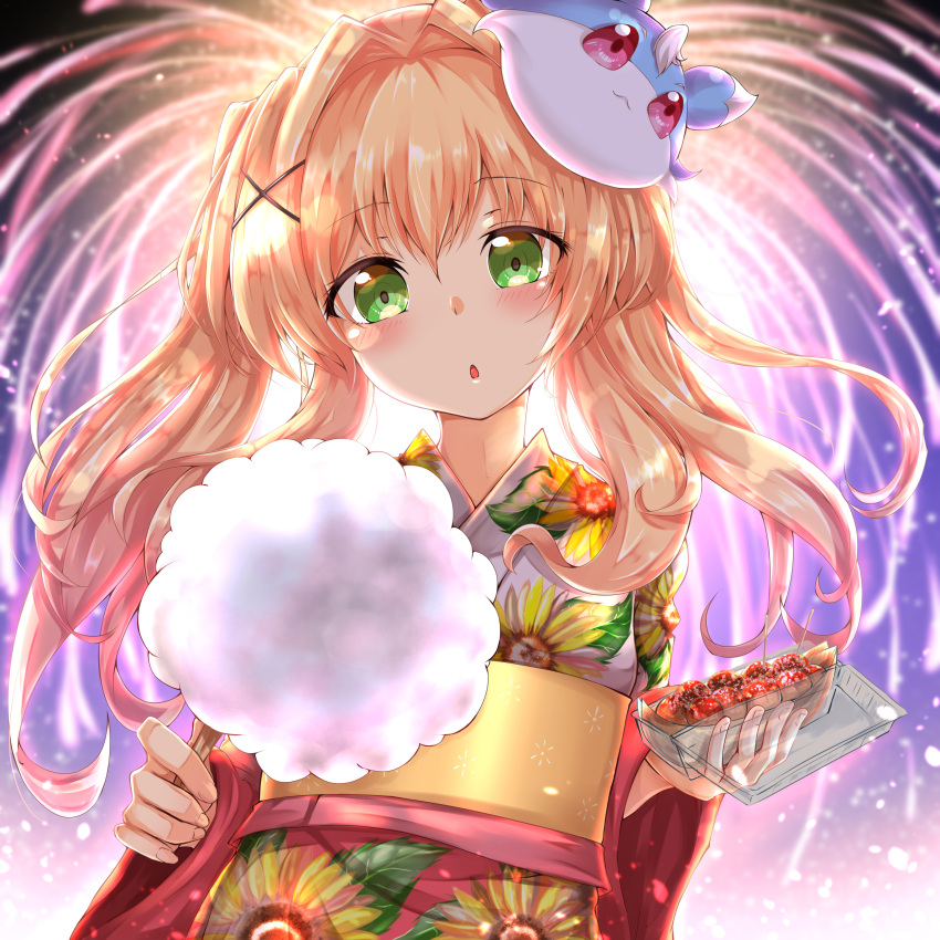 1girl absurdres backlighting blonde_hair blush candy chestnut_mouth commentary_request cotton_candy eyelashes eyes_visible_through_hair fireworks floating_hair floral_print food green_eyes hair_between_eyes hair_intakes hair_ornament head_tilt highres holding holding_candy holding_food inari_(summer_pockets) incoming_food japanese_clothes kimono long_hair long_sleeves looking_at_viewer mask mask_on_head night open_mouth outdoors red_kimono sash shinonome_mozuku solo straight-on summer_pockets sunflower_print takoyaki tsumugi_wenders twintails wide_sleeves x_hair_ornament yellow_sash yukata