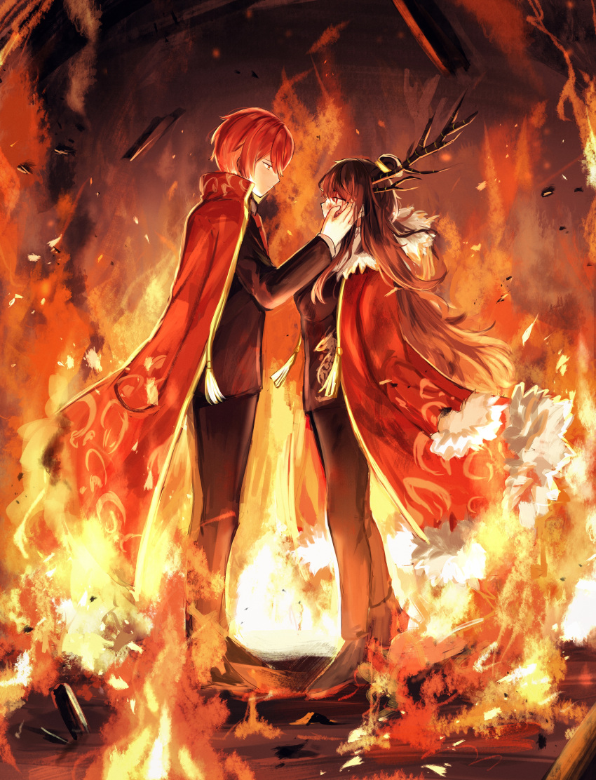 1boy 1girl absurdres black_jacket black_pants breasts brown_hair cape coat dragon_horns dragon_print fire fur-trimmed_coat fur_trim gold_trim hair_bun hand_on_another's_cheek hand_on_another's_face highres horns jacket library_of_ruina long_hair lowell_(library_of_ruina) medium_breasts necktie pants project_moon red_cape red_coat red_eyes red_necktie redhead sidelocks tassel very_long_hair xiao_(library_of_ruina) y_o_u_k_a