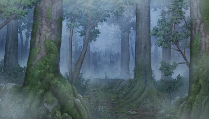 aoha_(twintail) branch bush dappled_sunlight day fog forest grass highres morning moss nature no_humans original plant scenery sunlight tree tree_shade
