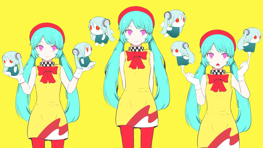 absurdres aimaina alternate_costume aqua_hair blue_hair bow dress hatsune_miku highres low_twintails multiple_persona parted_lips pink_eyes pinocchio-p red_bow red_headwear song_request twintails upper_body vocaloid yellow_background yellow_dress