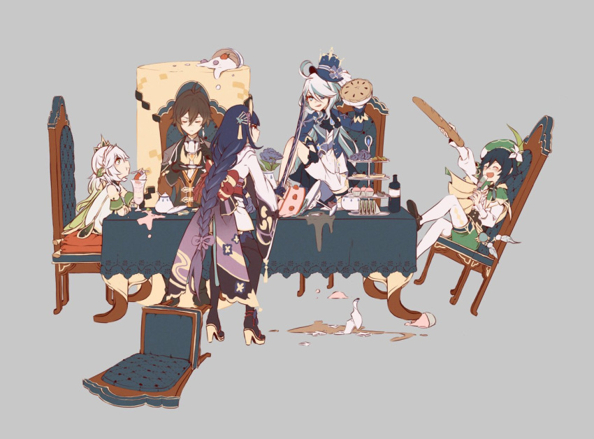 2boys 3girls aqua_hair baguette beret black_gloves blue_eyes blue_hair blush bottle braid braided_ponytail bread bridal_gauntlets broken_cup brown_hair cake cape cecilia_flower_(genshin_impact) chair closed_eyes coattails collared_cape commentary corset cup cupcake cushion detached_sleeves drunk earrings eating flower flower_pot food furina_(genshin_impact) genshin_impact gloves gradient_hair green_cape green_headwear grey_background hair_ornament hat hat_flower high_heels holding holding_cup holding_food holding_saucer holding_sword holding_weapon japanese_clothes jewelry juliet_sleeves katana kimono long_hair long_sleeves macaron messy multicolored_hair multiple_boys multiple_girls nahida_(genshin_impact) obi obiage obijime open_mouth pie pointy_ears popiahpot puffy_sleeves purple_hair purple_kimono raiden_shogun rocking_chair sash saucer shorts shrug_(clothing) sidelocks sitting standing stirrup_legwear sword symbol-only_commentary table tablecloth tassel tassel_earrings toeless_legwear top_hat venti_(genshin_impact) violet_eyes weapon wine_bottle zhongli_(genshin_impact)