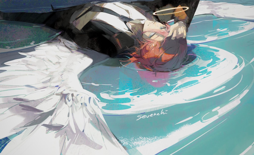 1boy angel angel_devil_(chainsaw_man) angel_wings artist_name black_jacket black_necktie black_pants brown_hair chainsaw_man collared_shirt foreshortening halo highres jacket looking_at_viewer lying_on_water medium_hair necktie pants sevenchi shallow_water shirt shirt_tucked_in solo suit suit_jacket water white_shirt wings