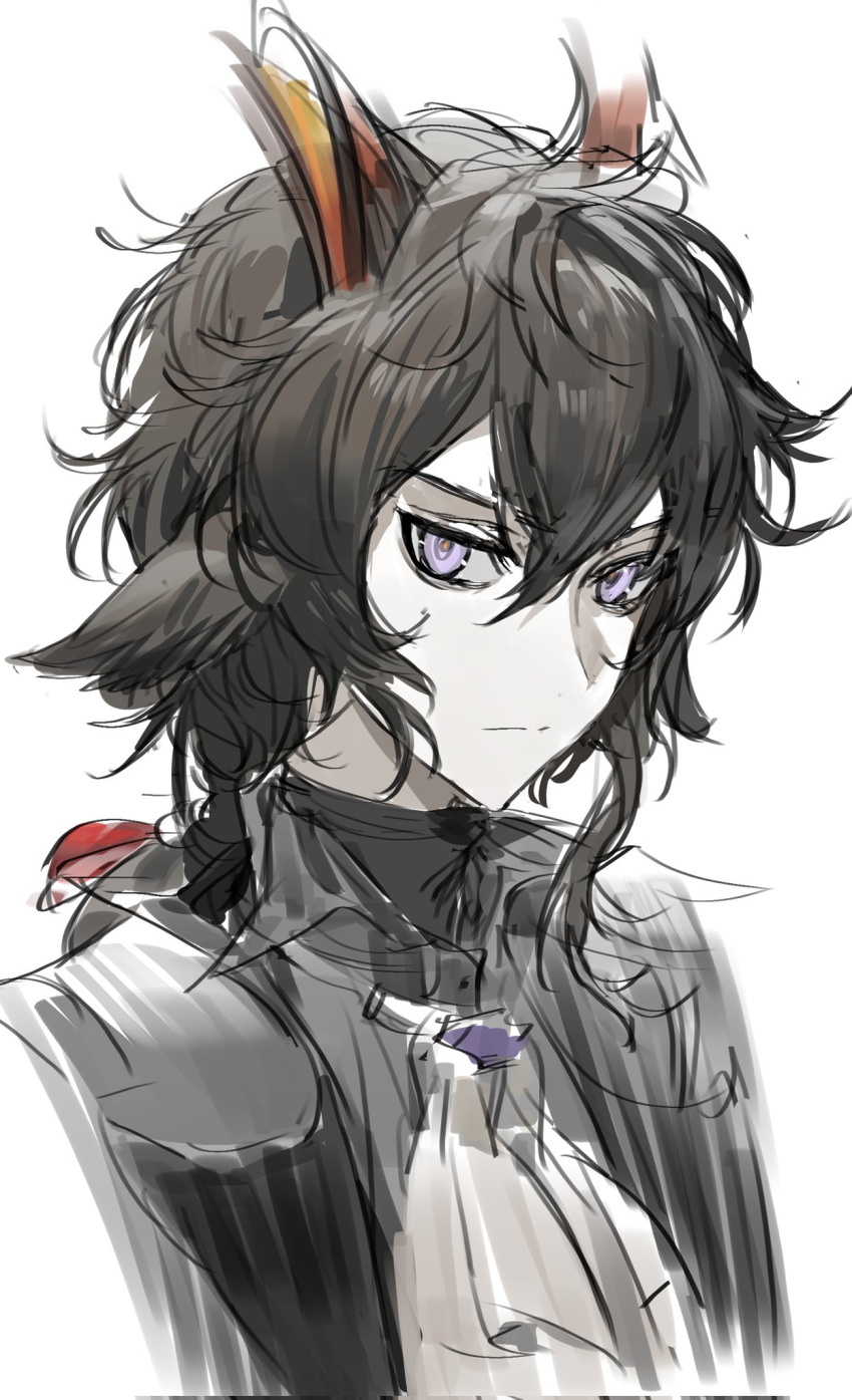 1boy animal_ears arknights ascot black_hair black_suit closed_mouth ebenholz_(arknights) expressionless goat_boy goat_ears goat_horns hair_between_eyes highres horns looking_at_viewer male_focus portrait short_hair simple_background sketch solo suit violet_eyes white_ascot white_background yrdd