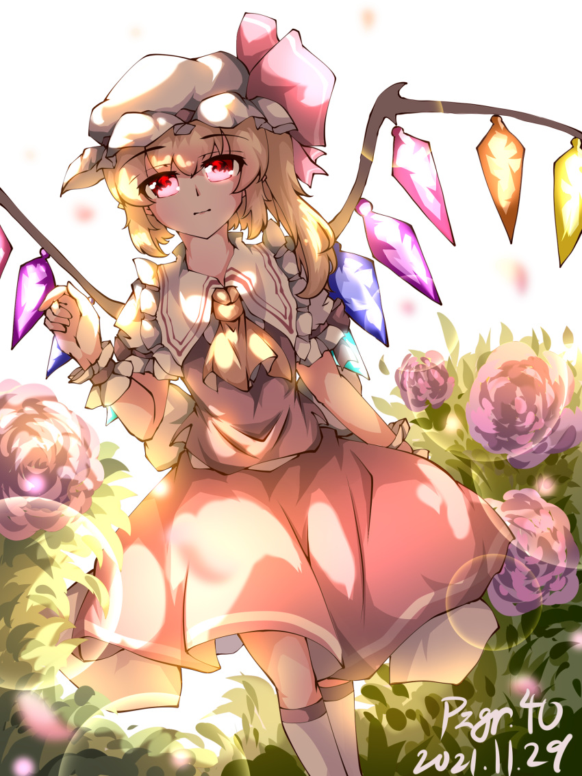 1girl absurdres artist_name ascot backlighting blonde_hair breasts closed_mouth crystal dated feet_out_of_frame flandre_scarlet flower frilled_shirt_collar frills hat highres kneehighs leaf looking_at_viewer medium_hair mob_cap multicolored_wings pink_flower puffy_short_sleeves puffy_sleeves pzgr.40 red_eyes red_skirt red_vest shirt short_sleeves skirt small_breasts socks solo touhou vest white_headwear white_shirt white_socks wings wrist_cuffs yellow_ascot