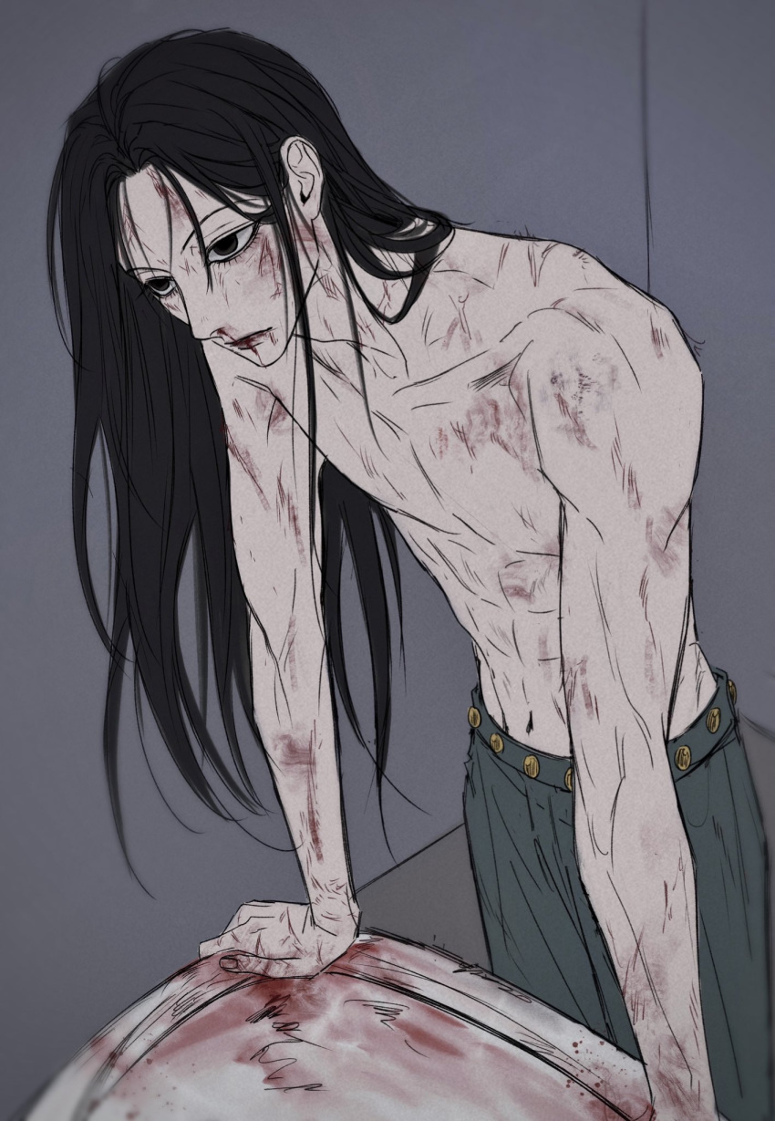 1boy bare_shoulders black_eyes black_hair blood blood_on_face bruise cuts expressionless highres hunter_x_hunter illumi_zoldyck injury kann_55 long_hair male_focus navel sink solo topless_male