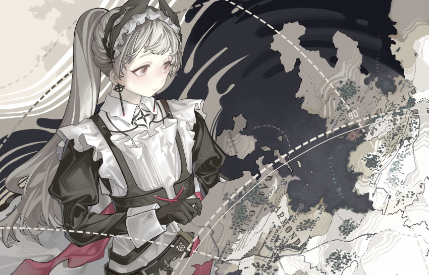 1girl absurdres alternate_costume alternate_hairstyle apron arknights awakeningdog belt black_belt black_dress black_gloves black_hair commentary dotted_line dress earrings enmaided feather_hair gloves grey_eyes grey_hair highres irene_(arknights) irene_(voyage_of_feathers)_(arknights) jewelry light_smile looking_to_the_side maid maid_headdress map official_alternate_costume ponytail puffy_sleeves solo swept_bangs torn_paper upper_body white_apron