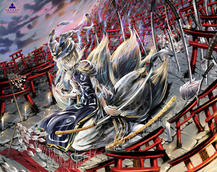 1girl dress fox_mask fox_tail gohei hat hat_with_ears highres katana mask multiple_tails nail namamo_nanase planted_sword planted_weapon red_eyes sitting solo sword tabard tail torii touhou weapon white_dress yakumo_ran