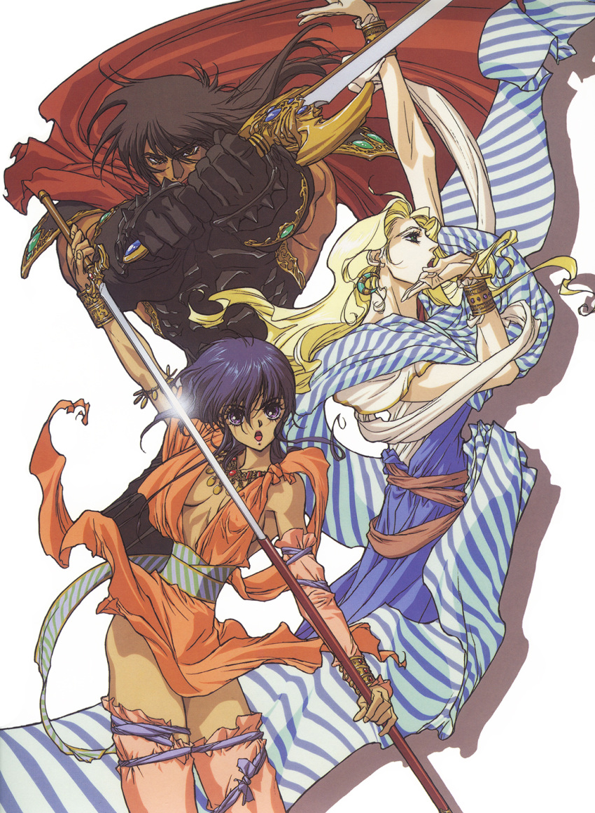 1990s_(style) 1girl 2boys arm_up black_hair blonde_hair blue_eyes blue_hair boice bracelet brown_eyes cape drop_shadow floating_hair gloves highres holding holding_sword holding_weapon jewelry kaze_no_tairiku lakshi long_hair looking_at_viewer multiple_boys necktie official_art open_mouth pauldrons sheath shoulder_armor sword thighs tieh two-handed unsheathing weapon white_background wind wind_lift yuuki_nobuteru
