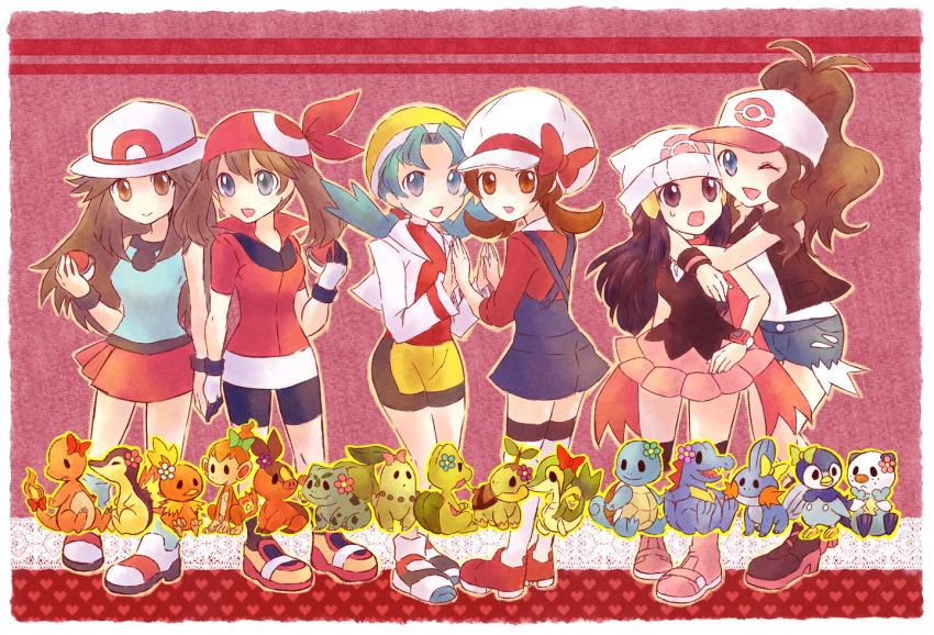 6girls bandana bare_shoulders baseball_cap beanie bike_shorts black_kneehighs black_legwear blue_(pokemon) blue_eyes blue_hair blue_kneehighs blue_legwear bow brown_eyes brown_hair bulbasaur cabbie_hat charmander chikorita chimchar clothed_pokemon crystal_(pokemon) cyndaquil gloves hand_holding happy haruka_(pokemon) hat hat_ribbon hikari_(pokemon) holding holding_hands holding_poke_ball hug jacket kabocha_torute kneehighs kotone_(pokemon) leaf_(pokemon) long_hair mudkip multiple_girls open_mouth oshawott overalls piplup poke_ball pokemon pokemon_(creature) pokemon_(game) pokemon_black_and_white pokemon_bw pokemon_dppt pokemon_gsc pokemon_rgby pokemon_rse ponytail popped_collar porkpie_hat purple_eyes red_ribbon ribbon scarf shoes short_hair shorts skirt smile sneakers snivy socks squirtle tepig thigh-highs thighhighs torchic totodile touko_(pokemon) treecko turtleneck turtwig twintails violet_eyes watch white_legwear white_thighhighs wink wristband wristwatch