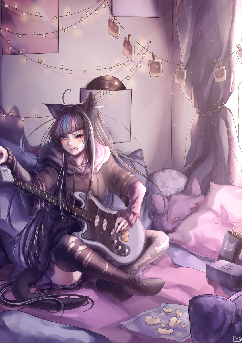 1girl :q absurdres ahoge animal_ears animal_print bangs bed black_hair black_legwear blue_hair box cat_ears cat_print cat_tail chips dangan_ronpa_(series) dangan_ronpa_2:_goodbye_despair ear_piercing electric_guitar english_commentary food guitar hair_horns highres instrument long_hair long_sleeves mary_(dragonmary99) mioda_ibuki mismatched_legwear multicolored_hair on_bed piercing pillow pink_eyes pink_hair school_uniform serafuku short_over_long_sleeves short_sleeves signature sitting sitting_on_bed skirt solo tail thigh-highs tongue tongue_out torn_clothes torn_legwear white_hair