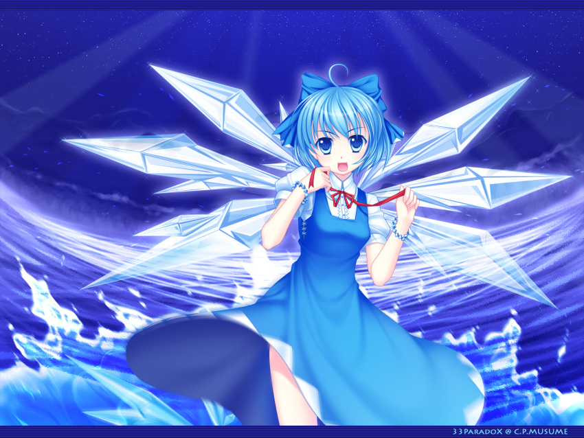 1girl 33paradox :3 ahoge blue_eyes blue_hair bow bracelet cirno dress hair_bow highres jewelry moonbeam night smile solo star touhou wallpaper wings