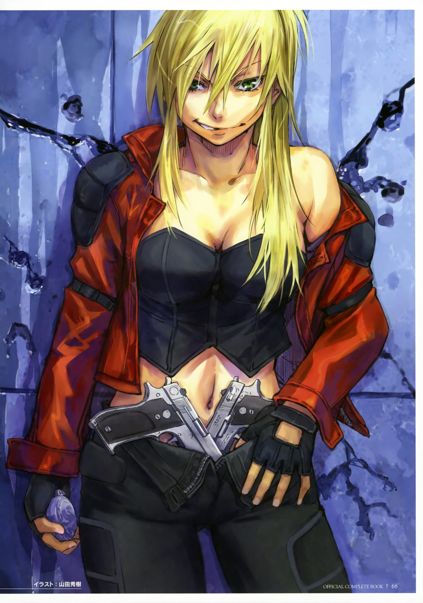 blonde_hair breasts cal_devens cleavage drei green_eyes gun handgun highres konchiki phantom_of_inferno pistol solo weapon