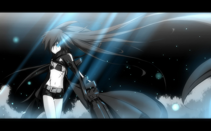 bikini_top black_hair black_rock_shooter black_rock_shooter_(character) blue_eyes coat flat_chest glowing glowing_eyes highres letterboxed long_hair midriff navel pale_skin scar shorts solo tan_(artist) tan_(carbon) twintails very_long_hair weapon