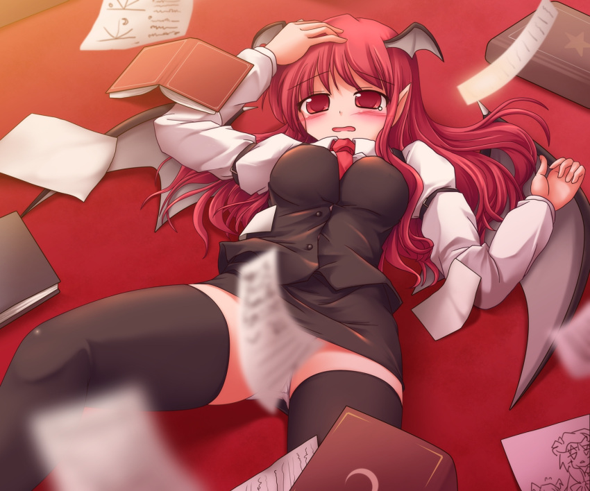 black_legwear blurry blush book censored convenient_censoring depth_of_field fallen_down head_wings highres koakuma long_hair lzh panties pointy_ears red_eyes red_hair solo thigh-highs thighhighs touhou underwear upskirt wings
