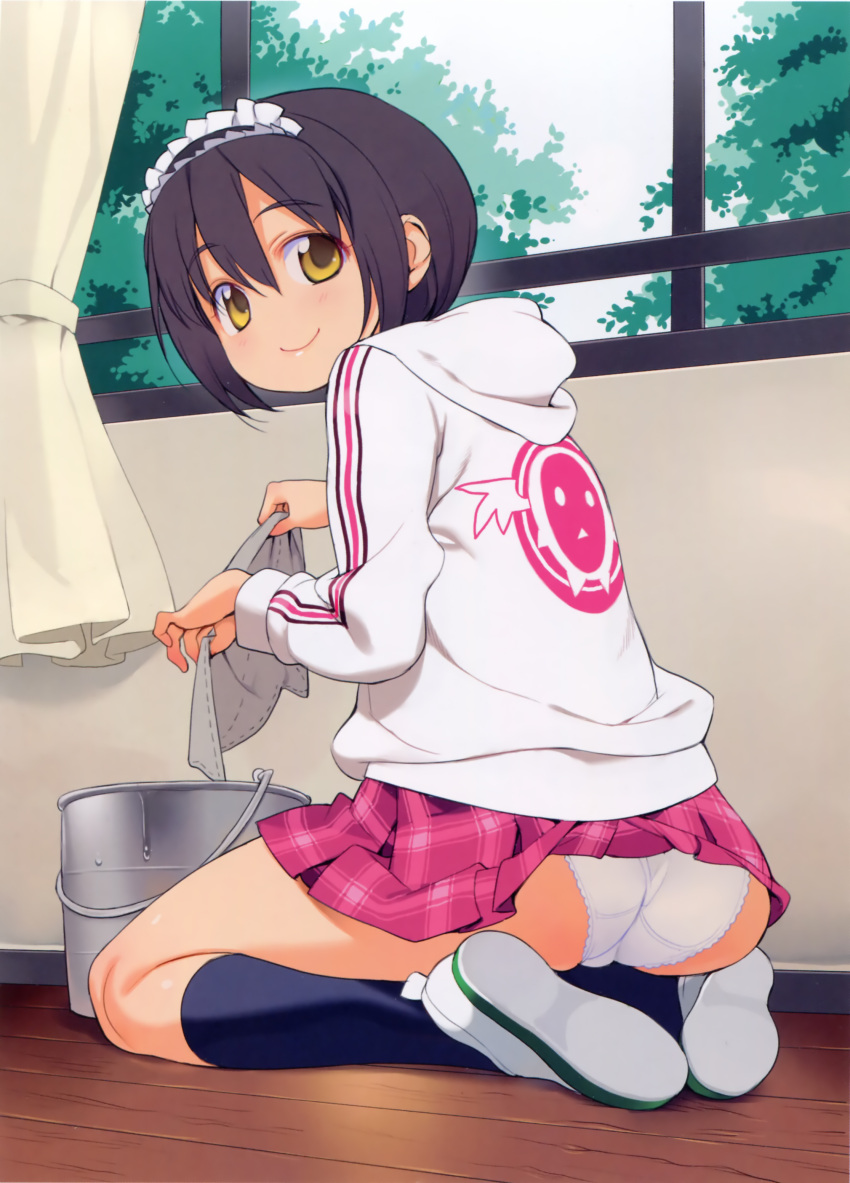 absurdres ass back black_hair blush brown_hair bucket dustcloth from_behind highres hoodie jacket kneehighs kneeling legs long_sleeves looking_back maid maid_headdress nora_higuma original panties pantyshot pantyshot_sitting red_skirt short_hair sitting skirt skirt_caught smile socks solo tartan_skirt underwear white_panties window yellow_eyes