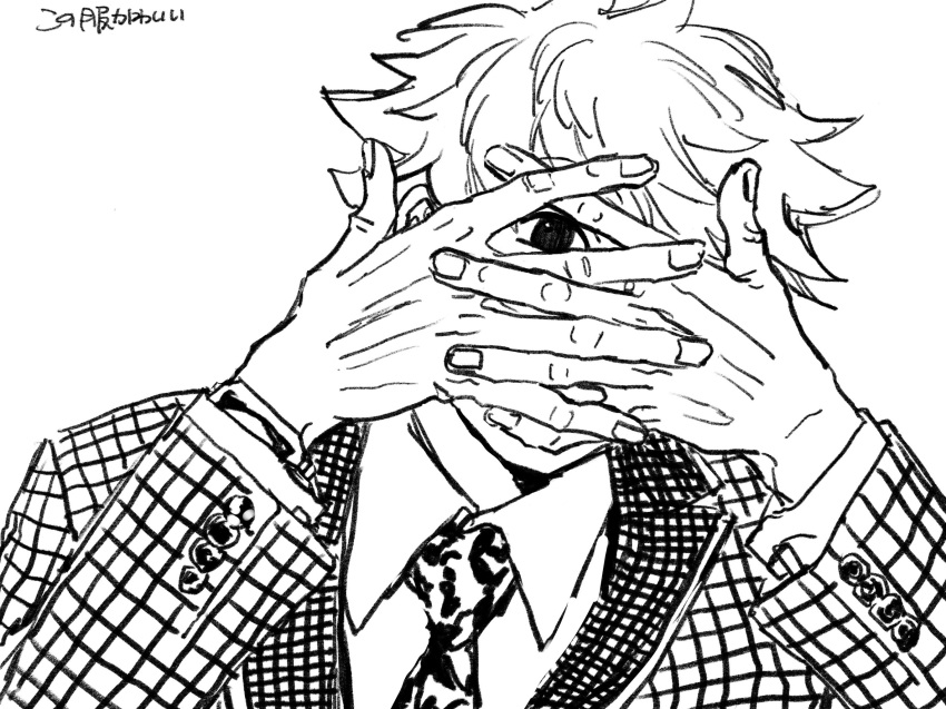 1boy black_eyes blonde_hair covering_face formal gssy_0 highres hunter_x_hunter long_sleeves looking_at_viewer male_focus monochrome necktie pariston_hill short_hair simple_background solo suit upper_body