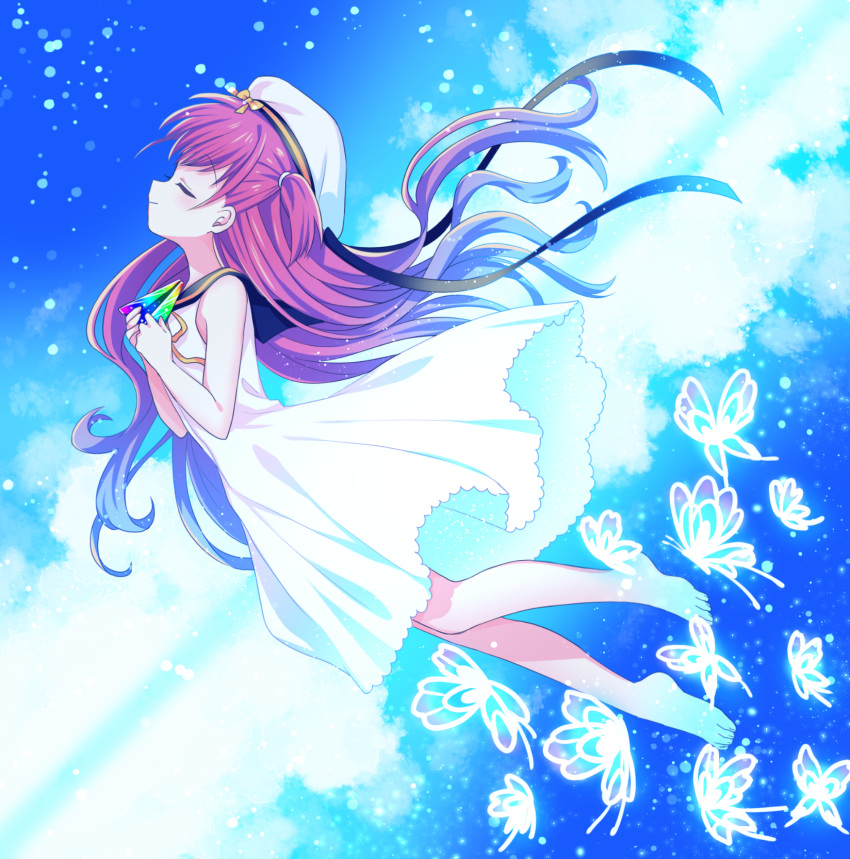 1girl arched_back bare_arms barefoot black_ribbon black_sailor_collar blue_butterfly blue_sky bug butterfly closed_eyes closed_mouth clouds commentary_request dress feet floating_hair from_side full_body hair_between_eyes hair_ribbon hands_up highres holding katou_umi knees_together_feet_apart light_blush long_hair ocean profile purple_hair ribbon sailor_collar sky smile solo soranagi summer_pockets sundress toes two_side_up very_long_hair white_headwear yellow_ribbon