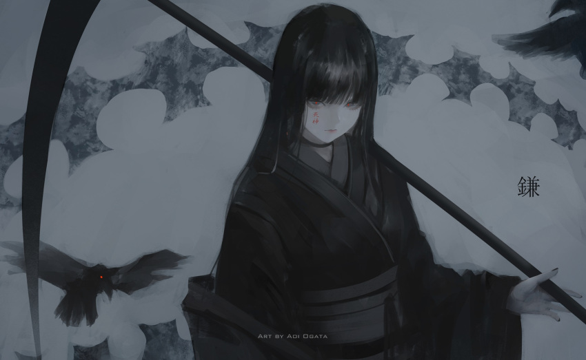 1girl animal aoi_ogata artist_name bird black_hair black_kimono black_nails body_writing clip_studio_paint_(medium) closed_mouth commentary english_commentary grey_background grey_eyes highres holding holding_scythe japanese_clothes kimono long_hair long_sleeves looking_at_viewer nail_polish obi original red_pupils sash scythe sleeves_past_wrists solo translation_request wide_sleeves