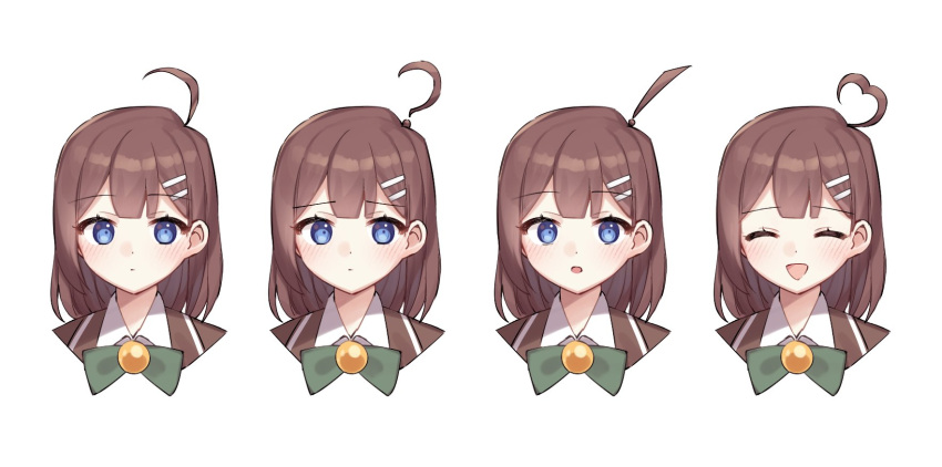 1girl ahoge blush bow bowtie brown_coat brown_hair closed_mouth coat collared_shirt expressive_hair green_bow green_bowtie hair_ornament hairclip heart heart_ahoge highres hod_(project_moon) library_of_ruina love_mintchoco medium_hair multiple_views open_mouth project_moon shirt simple_background smile white_background white_shirt