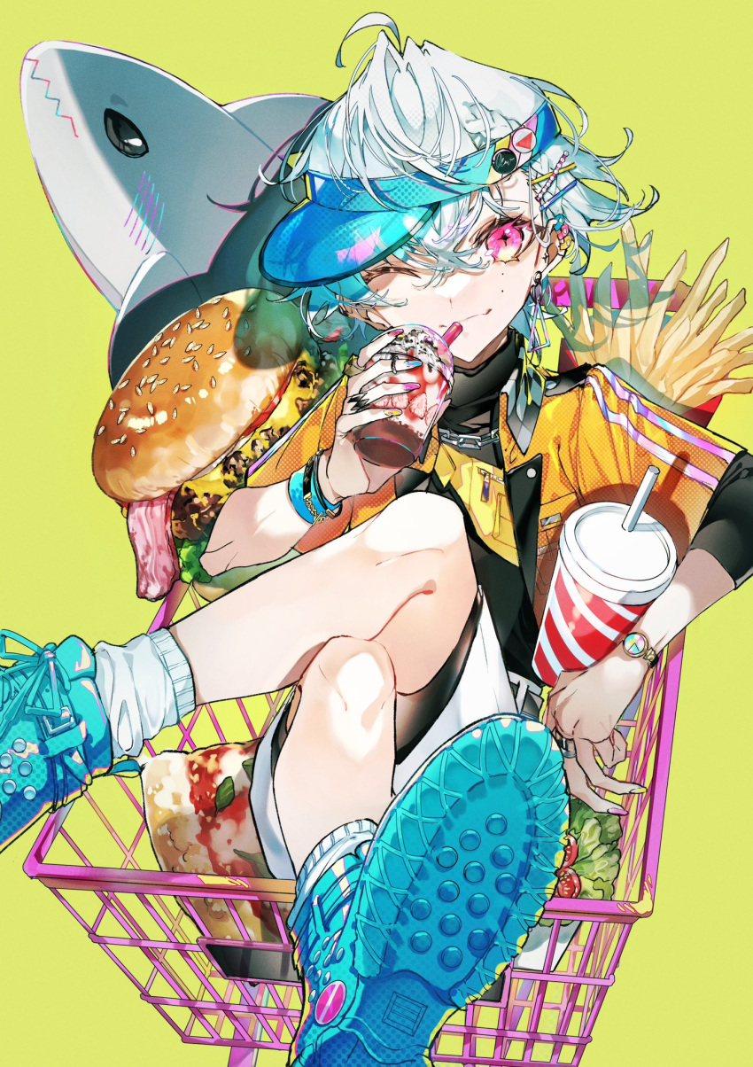 1boy ahoge bacon bishounen blue_footwear blue_headwear burger cheese closed_mouth commentary crossed_legs cup disposable_cup drinking_straw earrings english_commentary fast_food food foot_out_of_frame french_fries hair_between_eyes highres holding holding_cup ice_cream in_shopping_cart jewelry lettuce looking_at_viewer male_focus multiple_earrings mura_karuki one_eye_closed original pink_eyes pizza sesame_seeds shirt shoes shopping_cart short_sleeves shorts simple_background sitting sneakers soda solo stuffed_animal stuffed_shark stuffed_toy sundae tomato visor_cap watch watch white_hair white_shorts wristband yellow_background yellow_shirt
