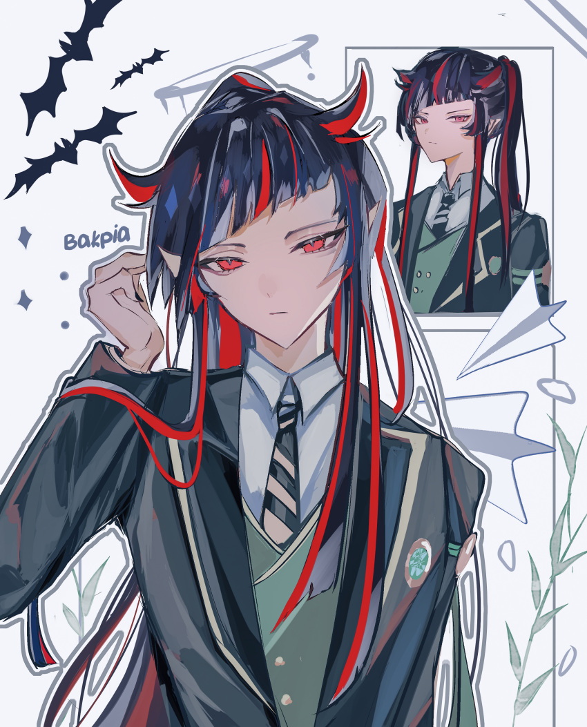 1boy :| absurdres artist_name bat_(animal) black_hair black_jacket closed_mouth collared_shirt diagonal-striped_necktie diagonal_stripes expressionless green_vest hair_horns hair_over_shoulder hand_up highres jacket lilia_vanrouge long_hair long_sleeves looking_at_viewer male_focus multicolored_hair multiple_views nada_(hgfk7277) necktie night_raven_college_uniform open_clothes open_jacket outline paper_airplane plant pointy_ears ponytail red_eyes redhead school_uniform shirt sidelocks simple_background spoilers streaked_hair striped striped_necktie twisted_wonderland upper_body vest white_background white_outline white_shirt