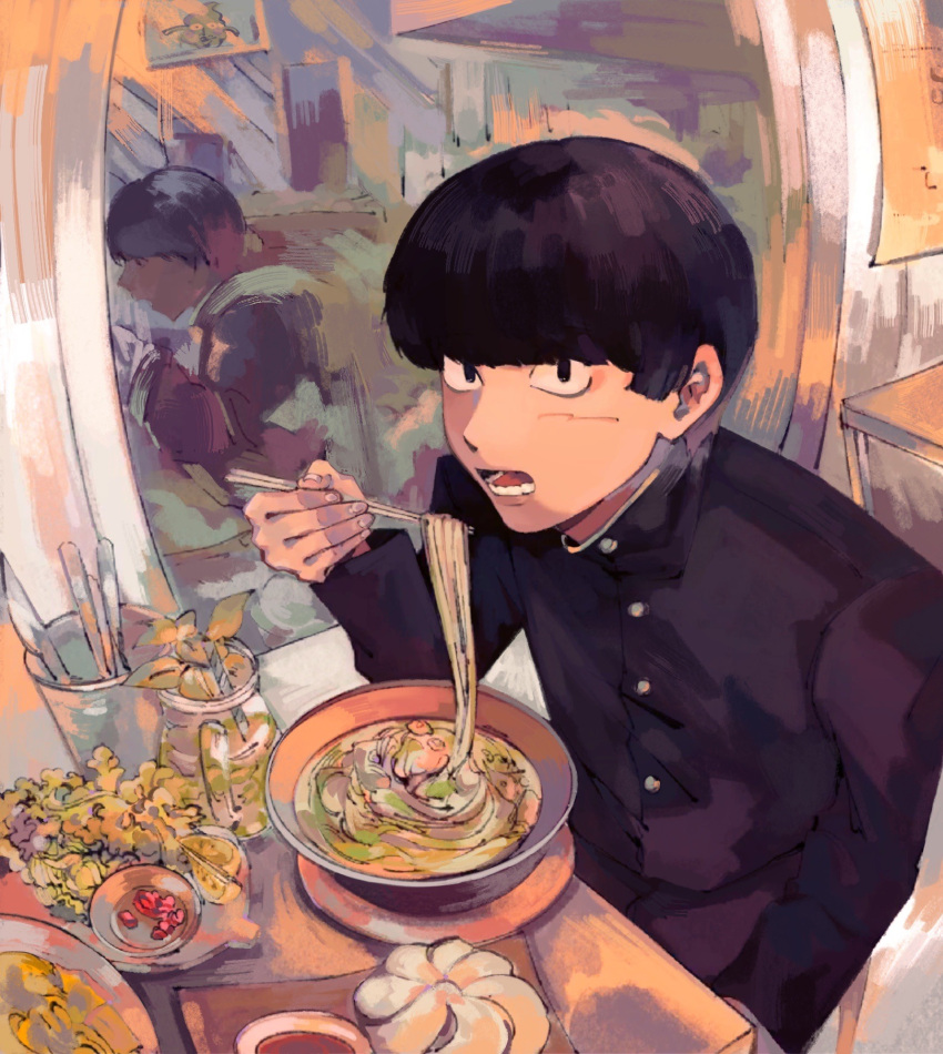 1boy black_eyes black_hair bowl chopsticks commentary english_commentary food gakuran highres holding holding_chopsticks kageyama_shigeo linkfan876 long_sleeves looking_at_viewer male_focus mob_psycho_100 noodles open_mouth ramen reflection school_uniform short_hair sitting solo table