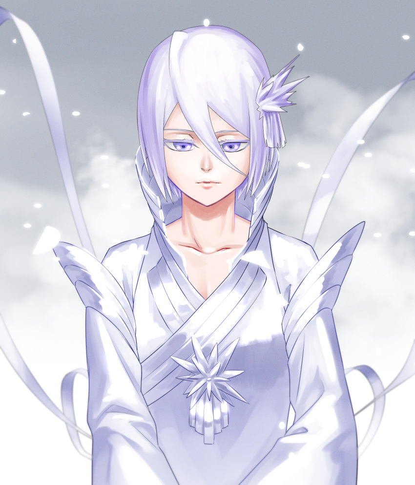 1girl absurdres bleach closed_mouth collarbone colored_eyelashes commentary dress expressionless grey_background hair_between_eyes hakka_no_togame_(bankai) high_collar highres ice ice_crystal kuchiki_rukia lips long_sleeves looking_down nose ribbon short_hair snow solo spoilers straight-on upper_body violet_eyes white_dress white_hair white_ribbon wide_sleeves yoshino_(laencl)