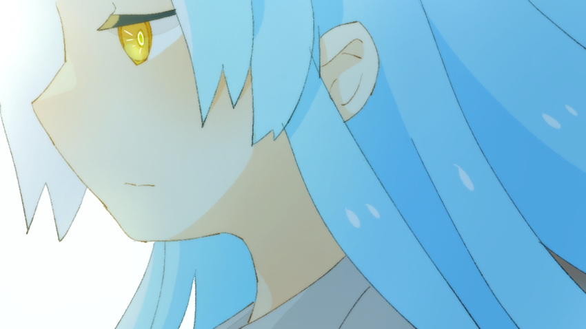 1girl angela_(project_moon) blue_hair bright_pupils closed_mouth collared_shirt commentary_request expressionless from_side harvest_fes lobotomy_corporation long_hair project_moon shirt simple_background solo white_background white_pupils white_shirt yellow_eyes
