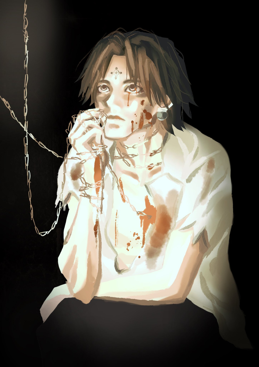 1boy arm_rest black_background black_eyes black_hair blood blood_on_clothes blood_on_face chain chinyu11988612 chrollo_lucilfer cross_tattoo earrings facial_mark facial_tattoo forehead_mark forehead_tattoo highres hunter_x_hunter jewelry looking_up male_focus shirt short_hair simple_background solo tattoo upper_body white_shirt