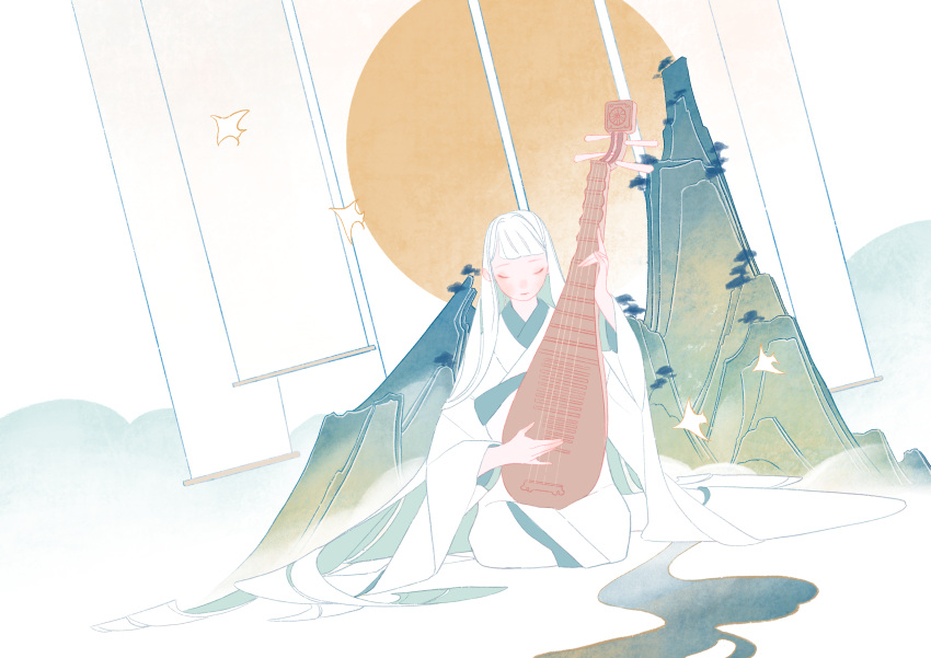 1girl absurdres bird blush closed_eyes commentary_request full_body highres holding holding_instrument instrument japanese_clothes kimono kneeling koto_(instrument) long_hair long_sleeves looking_down mountainous_horizon original sun surie tagme white_hair white_kimono wide_sleeves