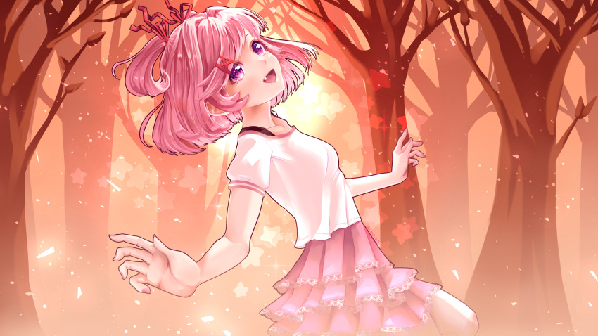 1girl :d absurdres breasts commentary doki_doki_literature_club fang foreshortening forest frilled_skirt frills from_side hair_ornament hair_ribbon highres looking_at_viewer looking_to_the_side natsuki_(doki_doki_literature_club) nature open_mouth outdoors outstretched_arms pink_eyes pink_hair pink_skirt red_ribbon ribbon shirt short_hair short_sleeves skipping skirt small_breasts smile solo star_(symbol) sunset sushimassacre swept_bangs tree two_side_up white_shirt x_hair_ornament