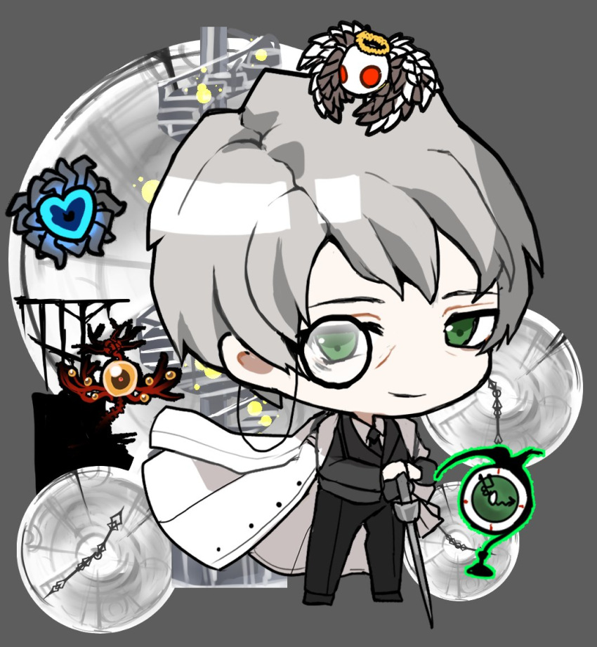 1boy akaimo_(akaimokou) black_jacket black_necktie black_pants blue_star chibi closed_mouth coat coat_on_shoulders green_eyes greyscale hokma_(project_moon) jacket library_of_ruina looking_at_viewer male_focus monochrome monocle necktie pants project_moon smile solo the_burrowing_heaven the_price_of_silence white_coat whitenight_(lobotomy_corporation)