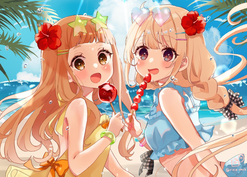2girls :d ahoge blonde_hair blush bow bow_swimsuit brown_eyes candy_apple clouds commentary day dot_nose eyewear_on_head flat_chest flower food frills fruit hair_flower hair_ornament hairband hand_up hibiscus highres idolmaster idolmaster_cinderella_girls long_hair looking_at_viewer multiple_girls ocean one-piece_swimsuit open_mouth orange_hair outdoors palm_leaf red_flower ribbon rino_cnc sand smile strawberry sunlight swimsuit tanghulu thick_eyebrows yellow_eyes
