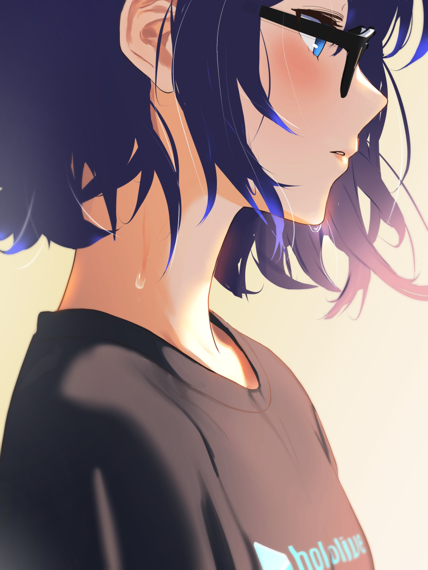 1girl a-chan_(hololive) absurdres black-framed_eyewear black_shirt blue_eyes blue_hair blush breasts cohi27151463 commentary expressionless from_side glasses highres hololive parted_lips portrait profile shirt short_hair simple_background small_breasts solo sweat virtual_youtuber yellow_background