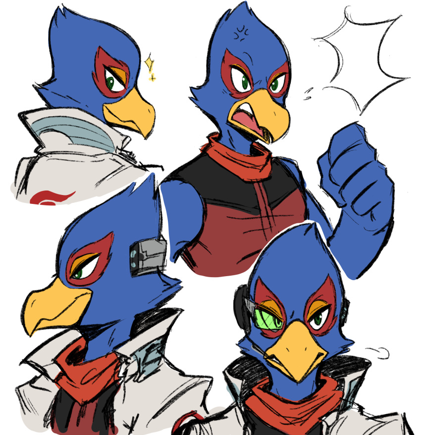 1boy anger_vein beak bird_boy clenched_hand closed_mouth commentary english_commentary falco_lombardi furry furry_male green_eyes highres male_focus multiple_views open_mouth shanzehpoo simple_background smile solo star_fox upper_body white_background