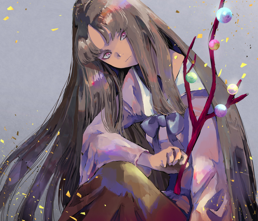 1girl absurdres arm_on_knee black_hair blue_bow blue_bowtie blunt_bangs bow bowtie branch closed_mouth collar collared_shirt commentary frown grey_background highres hime_cut holding holding_branch houraisan_kaguya jeweled_branch_of_hourai knee_up long_hair long_sleeves looking_at_viewer parted_bangs pink_eyes pink_shirt ranko_no_ane red_skirt shirt sidelocks sitting skirt straight_hair touhou very_long_hair wavy_mouth white_collar wide_sleeves