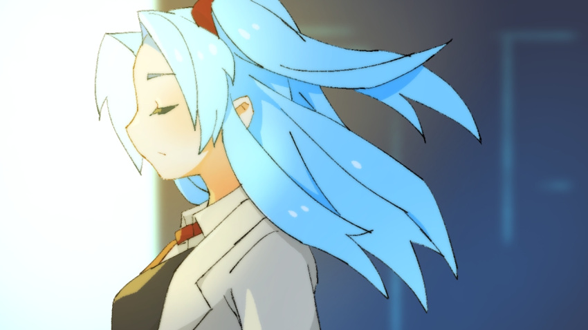 1girl angela_(project_moon) black_vest blue_hair breasts closed_eyes closed_mouth collared_shirt commentary_request from_side harvest_fes lab_coat lobotomy_corporation long_hair necktie one_side_up parted_bangs project_moon red_necktie shirt small_breasts solo vest white_shirt