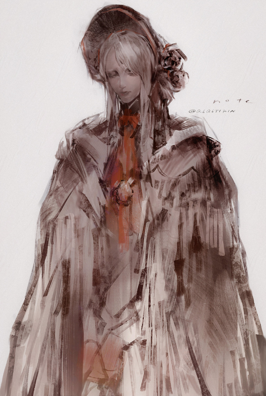 1girl artist_name ascot bloodborne bonnet cloak closed_eyes closed_mouth cowboy_shot grey_background grey_hair hat highres plain_doll q6q6tikin red_ascot simple_background solo standing