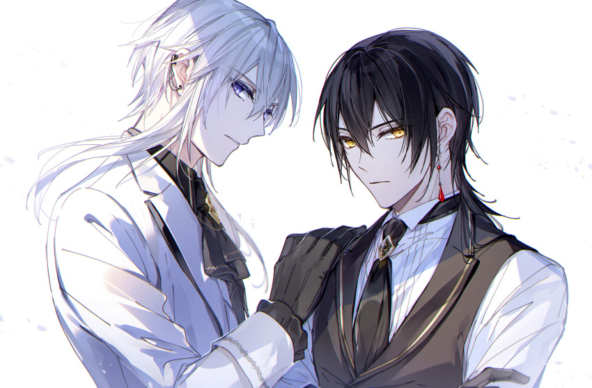 2boys black_gloves black_hair black_jacket black_necktie black_shirt blue_eyes closed_mouth collared_shirt commentary_request ear_piercing earrings faust_(mochizuki_shiina) gloves hair_between_eyes hand_on_another's_shoulder highres jacket jewelry long_sleeves lucas_(mochizuki_shiina) male_focus mochizuki_shiina multiple_boys necktie original parted_lips piercing shirt simple_background white_background white_hair white_jacket white_shirt yellow_eyes