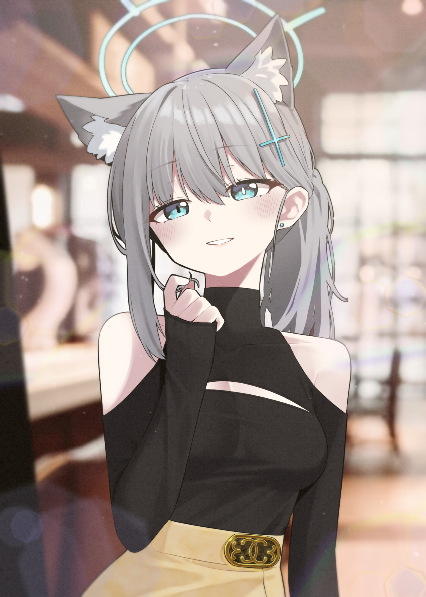 1girl animal_ears b.t._(boob_tong) black_shirt blue_archive blue_eyes blush breasts casual cross_hair_ornament earrings grin hair_between_eyes hair_ornament halo hand_up highres indoors jewelry long_hair looking_at_viewer medium_breasts mismatched_pupils off-shoulder_shirt off_shoulder ponytail shiroko_(blue_archive) shirt skirt slit_pupils smile solo upper_body white_hair yellow_skirt