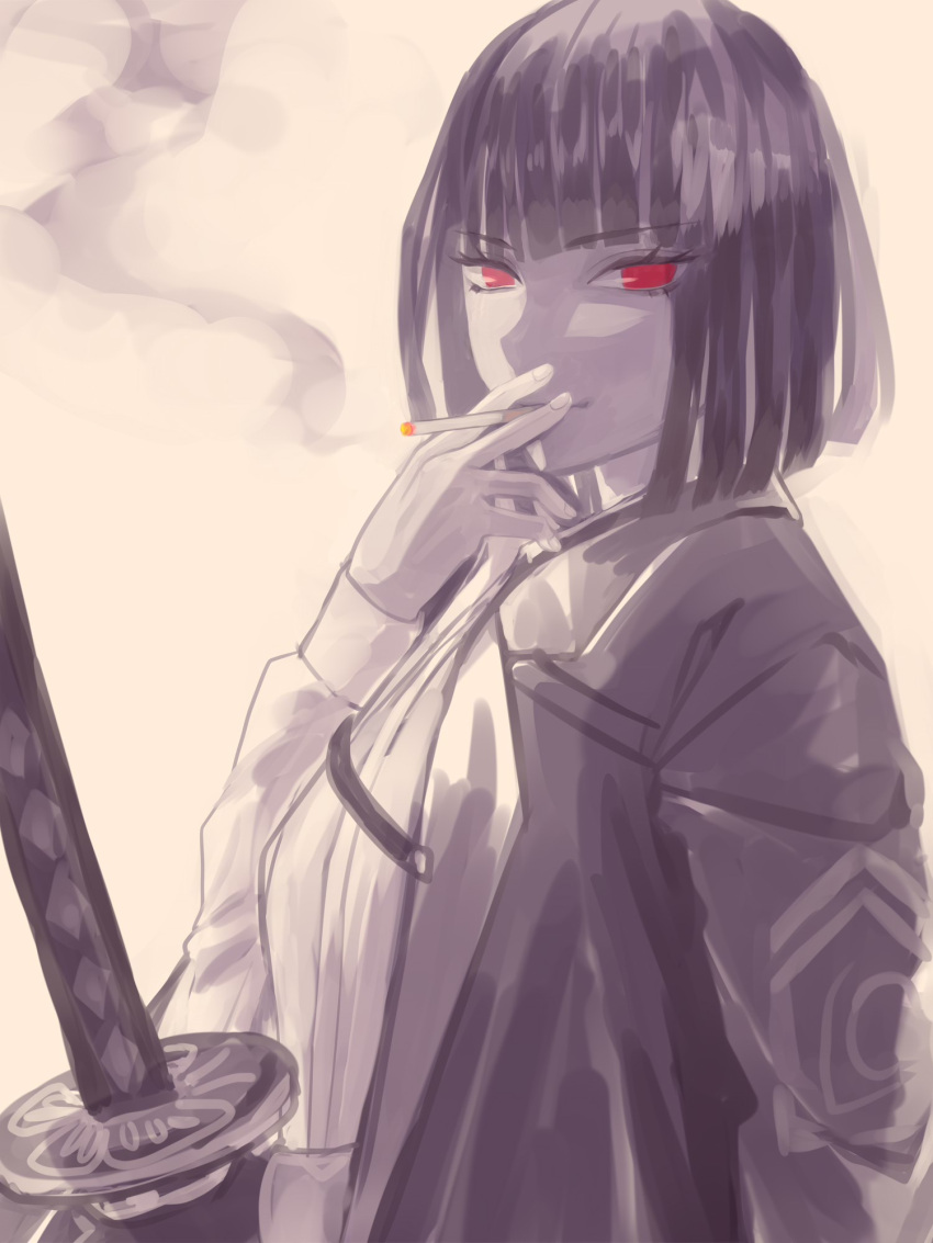 1girl black_jacket blunt_bangs blunt_ends bob_cut cigarette highres holding holding_cigarette holding_sword holding_weapon jacket jacket_on_shoulders katana lapels limbus_company long_sleeves looking_at_viewer monochrome notched_lapels project_moon red_eyes ryoshu_(limbus_company) shirt short_hair simple_background smoke smoke_trail smoking solo spot_color sword umu_(pixiv2396283) upper_body weapon white_background white_shirt