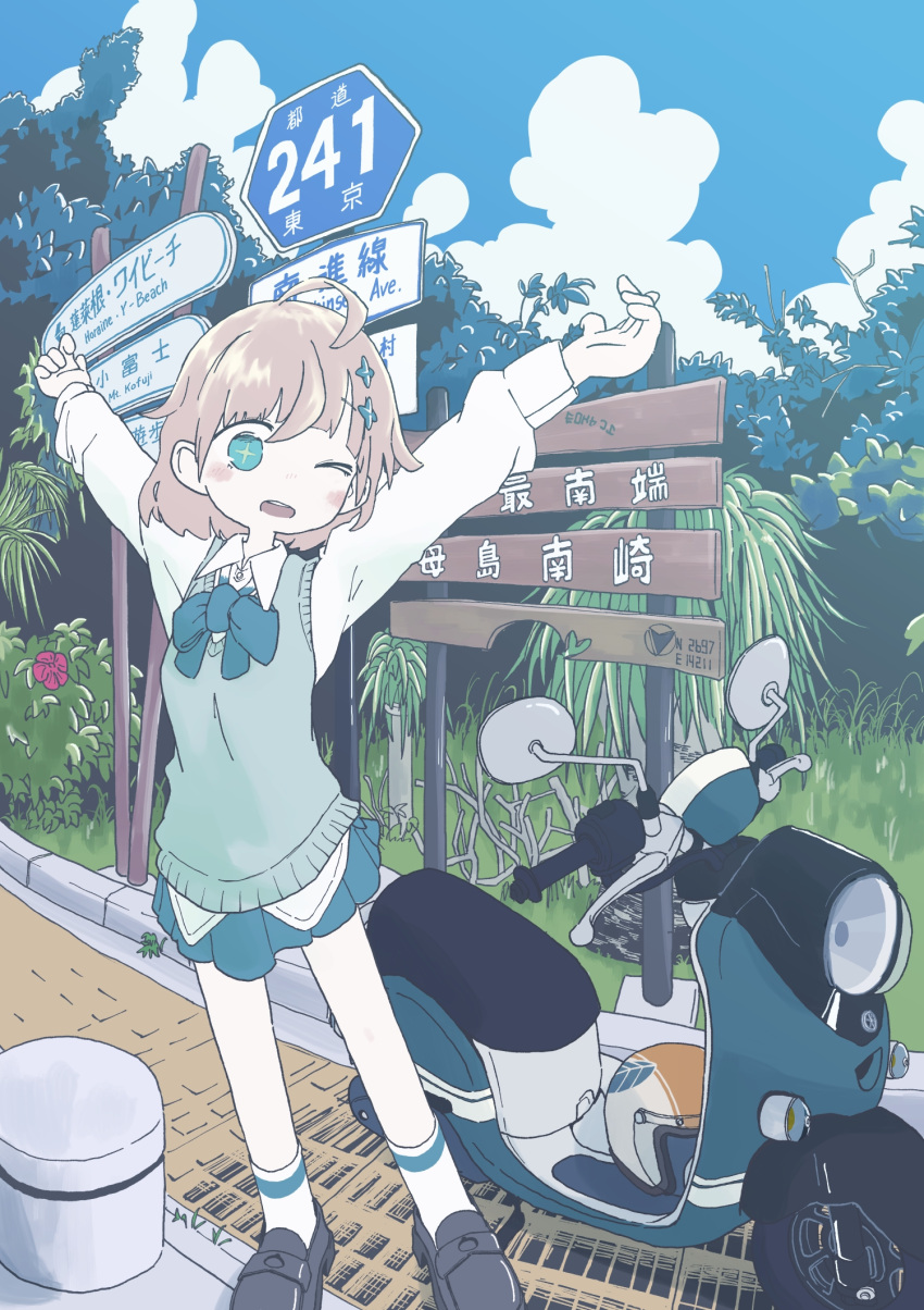 1girl ahoge aqua_bow aqua_bowtie aqua_skirt arched_bangs arms_up black_footwear blonde_hair blue_sky blush_stickers bow bowtie bush clouds cloudy_sky collared_shirt commission cross-shaped_pupils day feet_out_of_frame foliage green_eyes hair_ornament highres long_sleeves looking_at_viewer miniskirt moped motor_vehicle motorcycle new_amool one_eye_closed open_mouth original outdoors outstretched_arms road shirt shoes short_hair sign skirt sky socks solo standing star_(symbol) star_hair_ornament stretching symbol-shaped_pupils translation_request white_shirt white_socks yellow_pupils