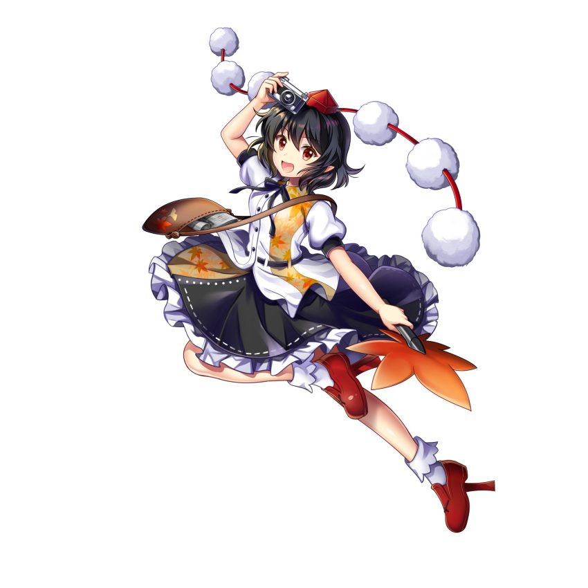 1girl :d bag black_hair black_skirt brown_bag camera collared_shirt frilled_skirt frills full_body game_cg geta hand_fan hat hauchiwa highres holding holding_camera holding_fan leaf leaf_print looking_at_viewer maple_leaf maple_leaf_print open_mouth pointy_ears pom_pom_(clothes) red_eyes red_footwear red_headwear ribbon-trimmed_skirt ribbon_trim rotte_(1109) shameimaru_aya shirt short_hair simple_background skirt smile socks solo tengu-geta third-party_source tokin_hat touhou touhou_lost_word white_background white_shirt white_socks