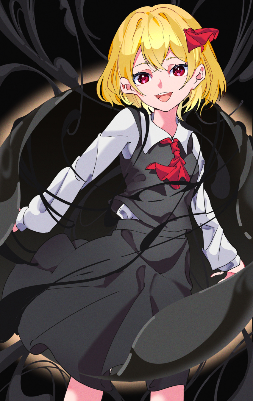 1girl ascot black_skirt black_vest blonde_hair collared_shirt commentary darkness feet_out_of_frame hair_between_eyes hair_ribbon highres long_sleeves looking_at_viewer mizoreshi open_mouth red_ascot red_eyes red_ribbon ribbon rumia shirt short_hair skirt smile solo touhou vest white_shirt