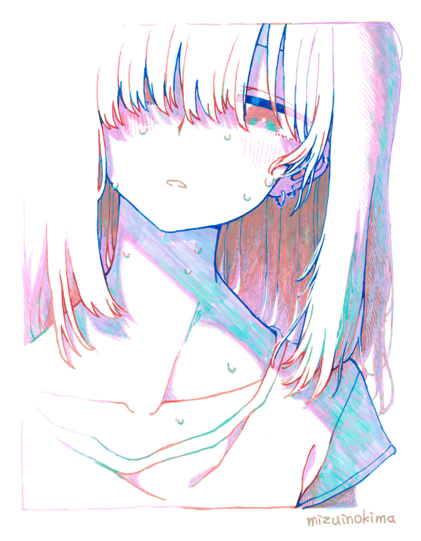 1girl absurdres artist_name blending blush border bright_pupils collarbone colored_shadow colorful commentary_request ear_piercing earrings hair_over_one_eye half-closed_eyes highres jewelry long_bangs long_hair looking_down mizuinokima original parted_lips piercing portrait shadow shirt short_sleeves solo straight-on sweat t-shirt very_sweaty white_background