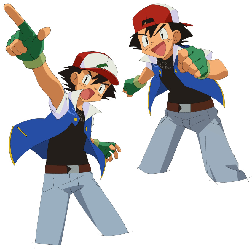 1boy :d ash_ketchum baseball_cap belt belt_buckle black_eyes black_hair black_shirt blue_jacket brown_belt buckle clenched_hands commentary_request fingerless_gloves gloves green_gloves grey_pants hat highres jacket knhrpnkt male_focus multiple_views open_clothes open_jacket open_mouth pants pointing pokemon pokemon_(anime) pokemon_(classic_anime) red_headwear shirt short_sleeves simple_background smile tongue twitter_username watermark white_background